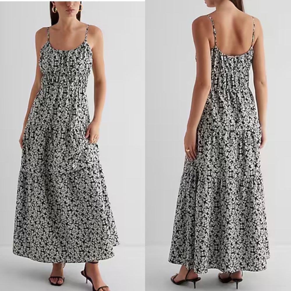 NWT Express Floral Scoop Neck Pleated Tiered Poplin Maxi Dress